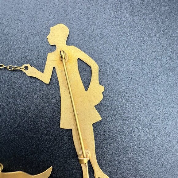 Vintage Gold-Tone Lady Walking Dog Brooch Pin Art Deco Style Chain Detail Jewelr - Picture 7 of 8